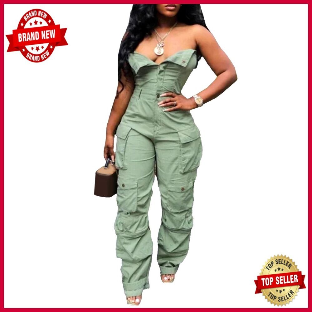 Strapless Cargo Denim Jumpsuit Wide Leg Multi Pocket Romper Loose Fit